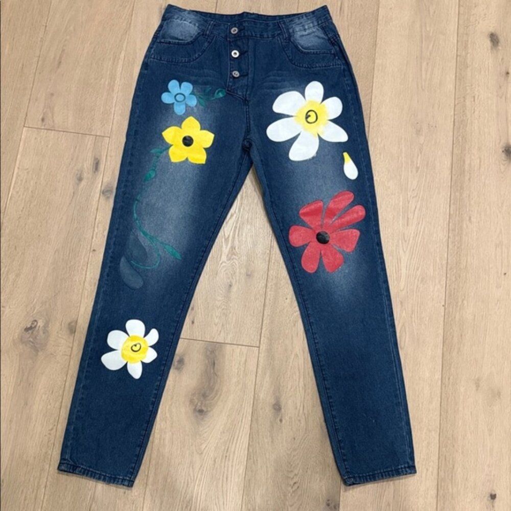 Floral Women's Jeans with 3 Button Fly - 70s style